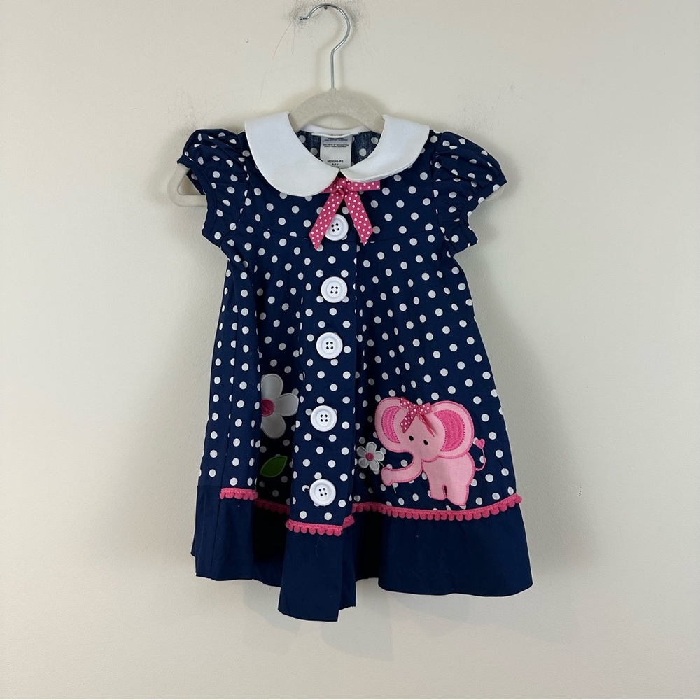 Bonnie Jean Toddler Girls Navy Polka Dot Elephant /Daisy Dress Size 2T